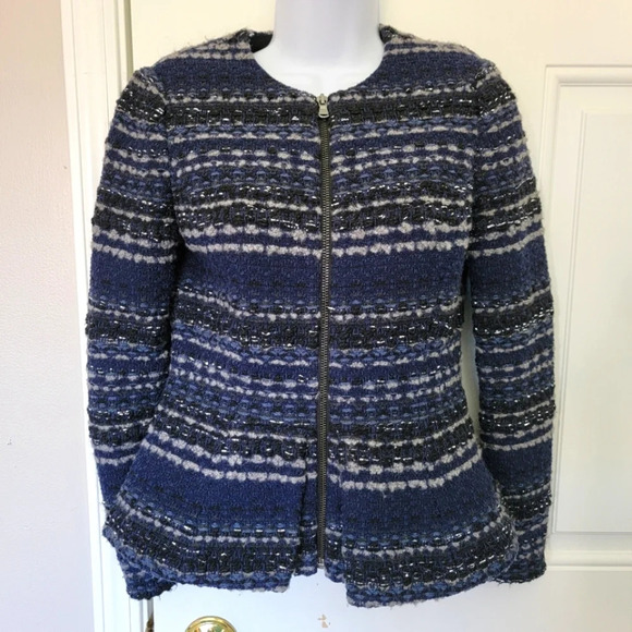 Rebecca Taylor Navy Gray Silver Full Zip Peplum Jacket Cardigan Size 0 - Picture 1 of 11